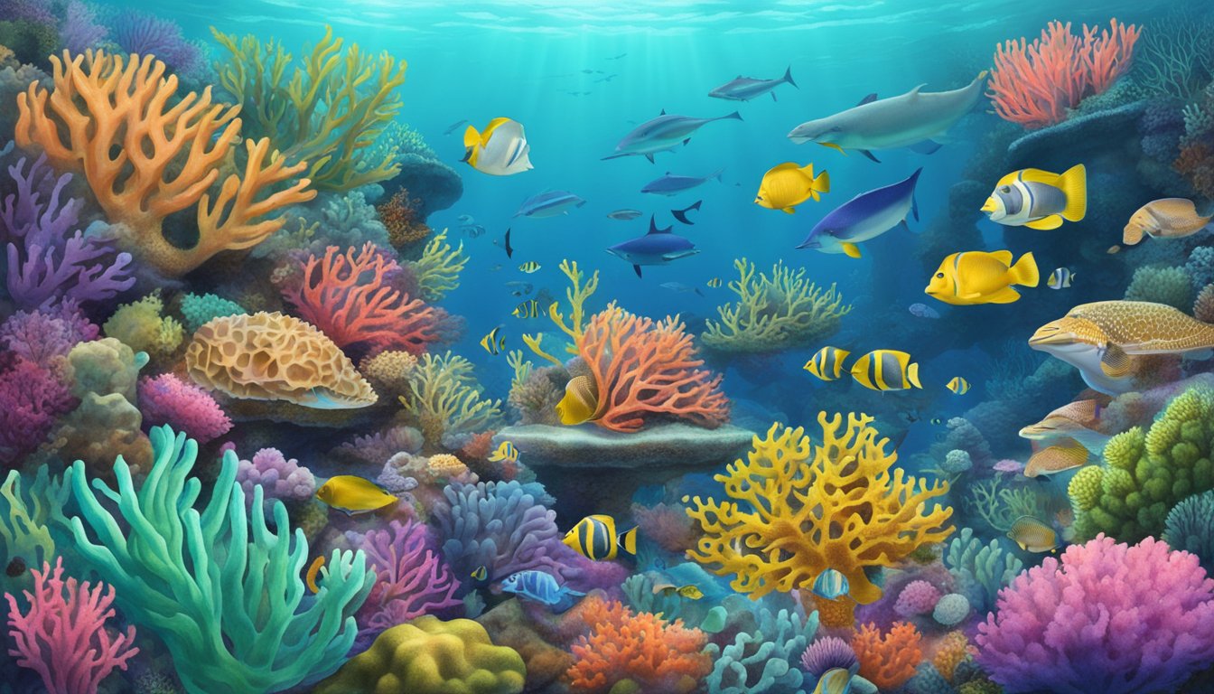 A vibrant coral reef with various marine life surrounding a sign that reads "Is it safe to eat coral?"