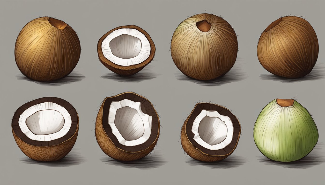 A variety of coconuts displayed with their properties, including the shell