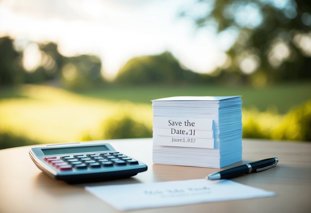 A table with a stack of save the date cards, a pen, and a calculator