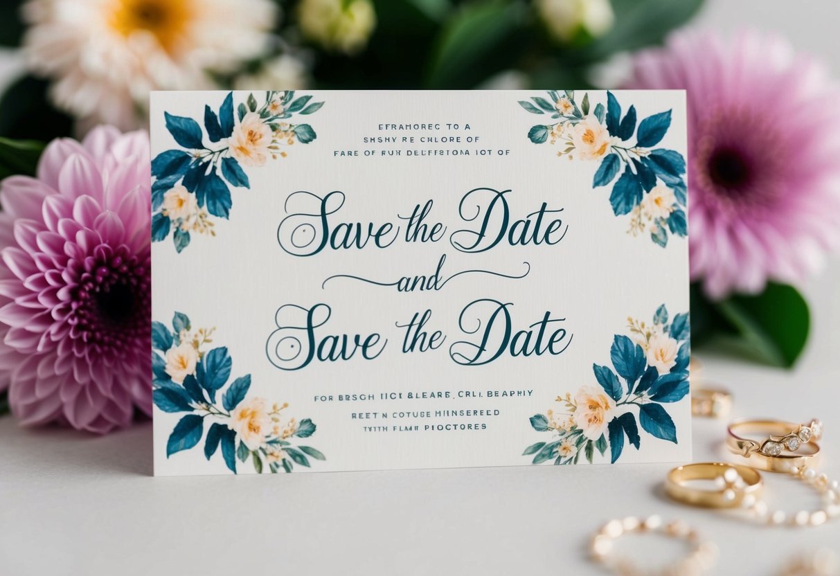 A decorative save the date card with two names centered on the top in elegant calligraphy, surrounded by floral accents
