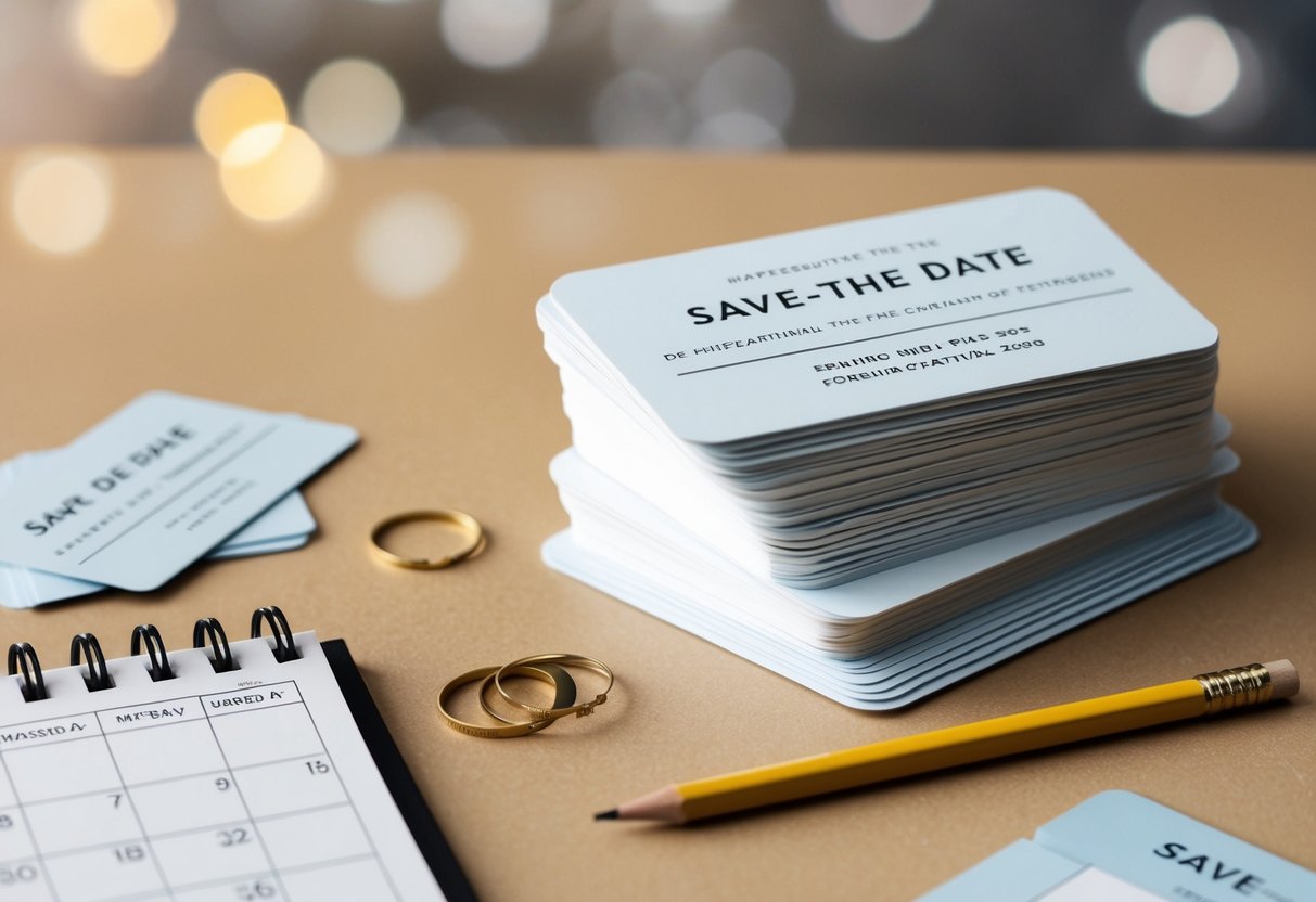 A stack of save-the-date cards with a few extras scattered around, a calendar and a pencil for jotting down additional dates