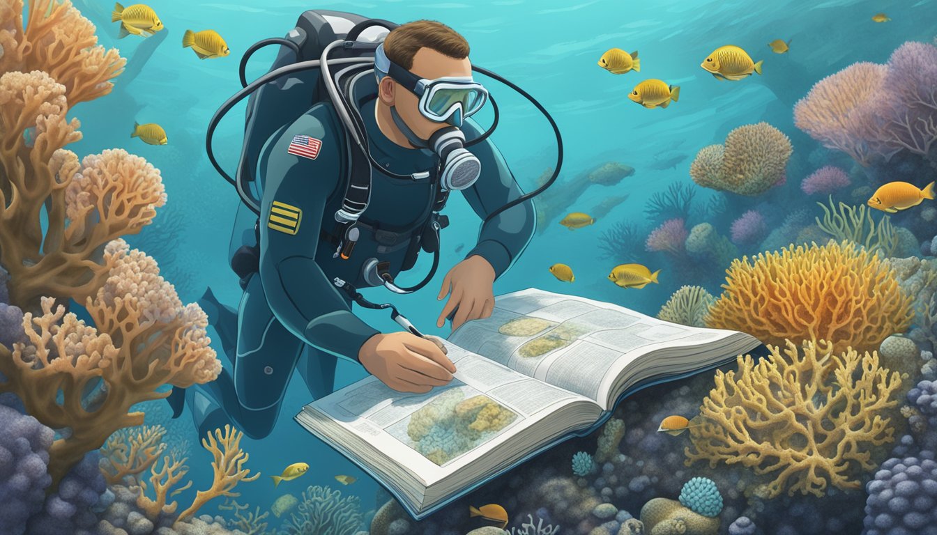 A diver carefully examines coral formations, comparing them to a guidebook on edible sea life