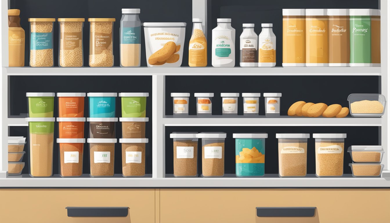 A pantry shelf with expired breadcrumbs next to fresh ones, showing the difference in packaging and condition