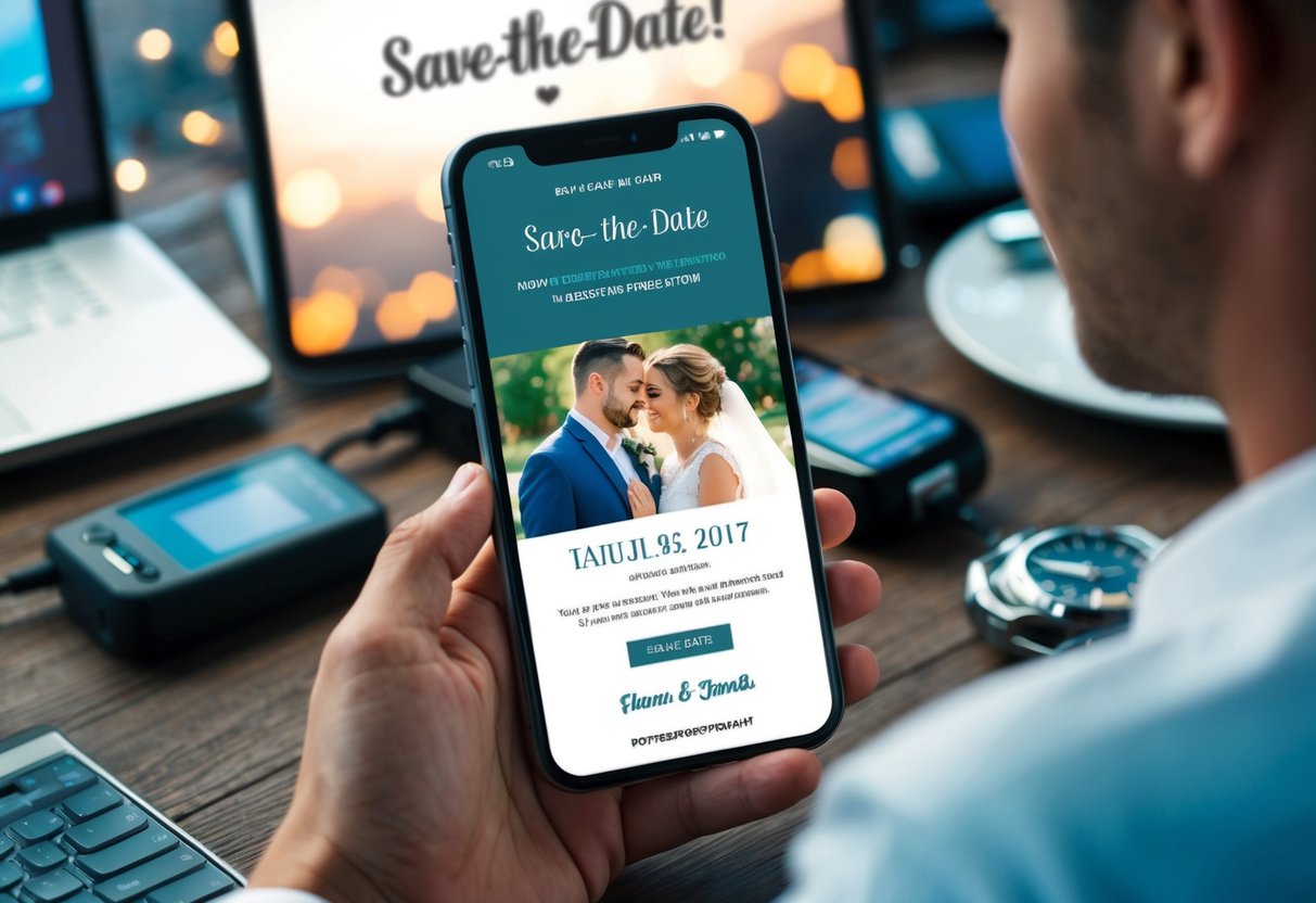 A digital device displaying a save-the-date email with the names of the couple, surrounded by modern electronic devices