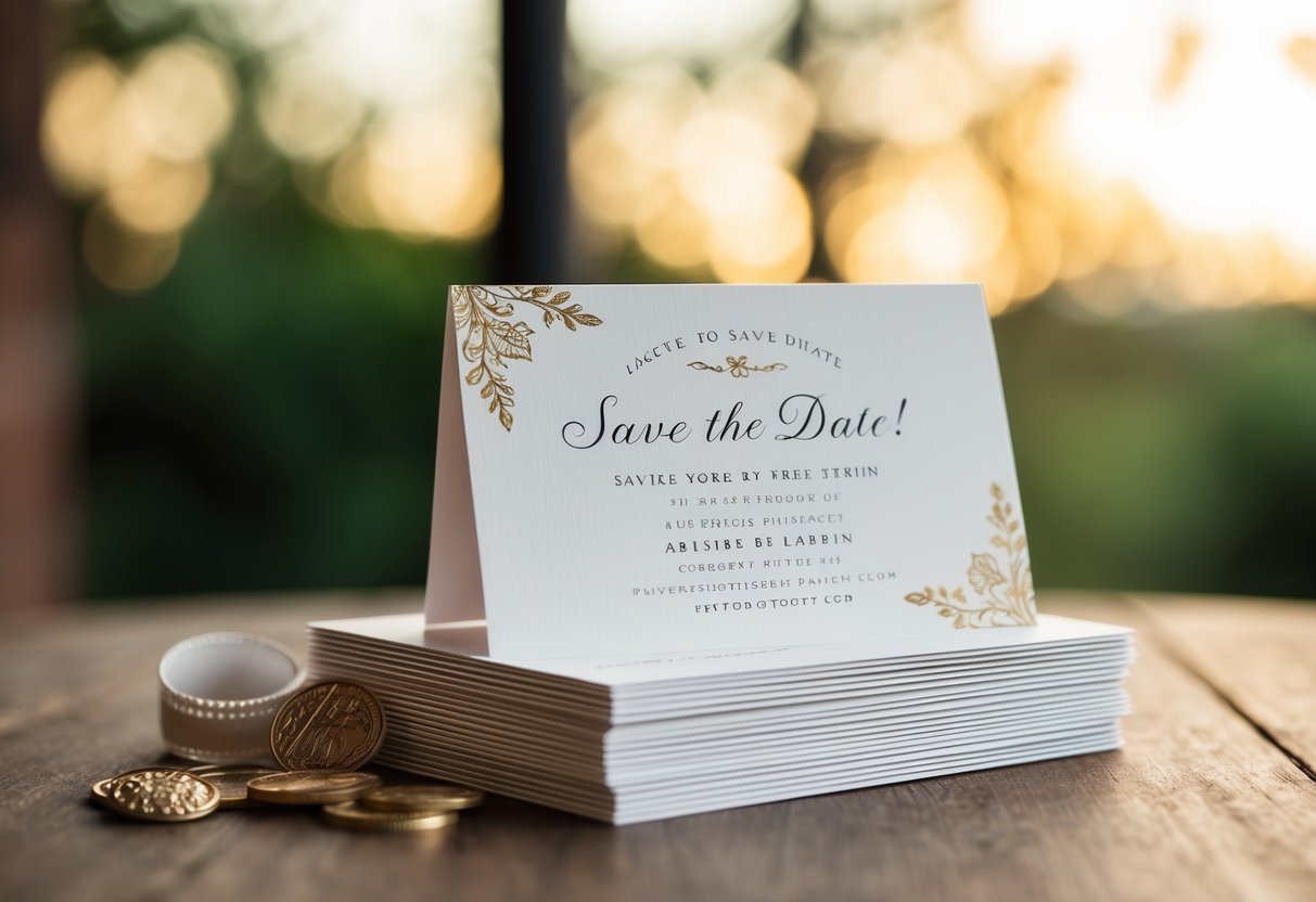 A stack of elegant save the date cards with classic design and decorative elements
