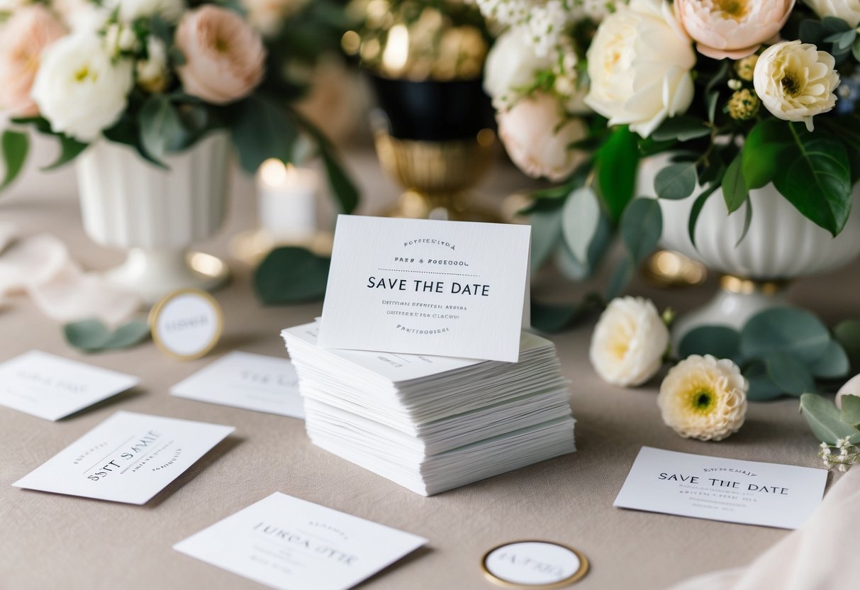 A stack of elegant save-the-date cards, with a few extras scattered around, surrounded by floral arrangements and wedding decor