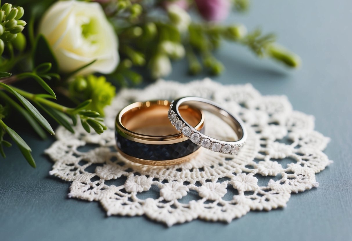 A pair of elegant wedding rings resting on a delicate lace doily, surrounded by fresh flowers and greenery