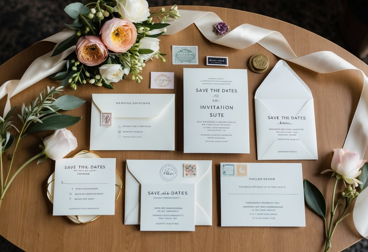 A wedding invitation suite with save-the-dates, envelopes, and stamps laid out on a table, surrounded by decorative elements like flowers and ribbons