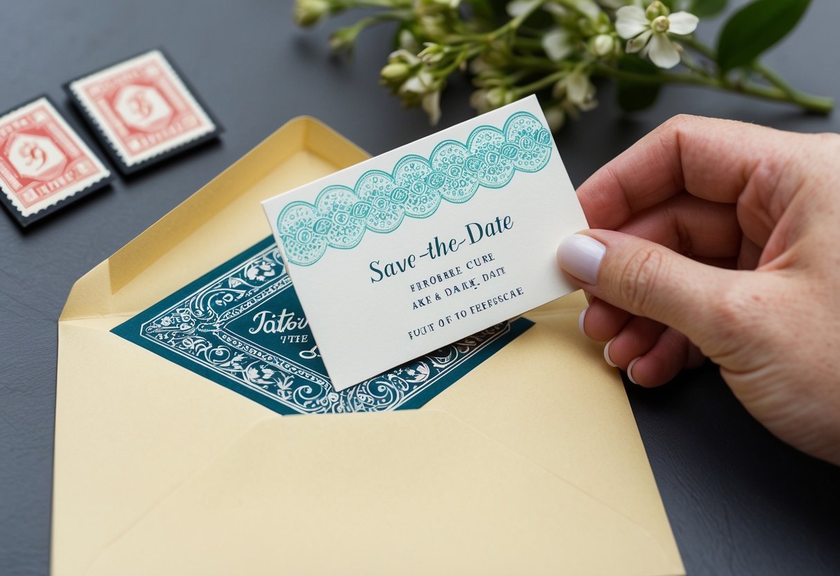 A hand placing a save-the-date card in an envelope with a decorative stamp
