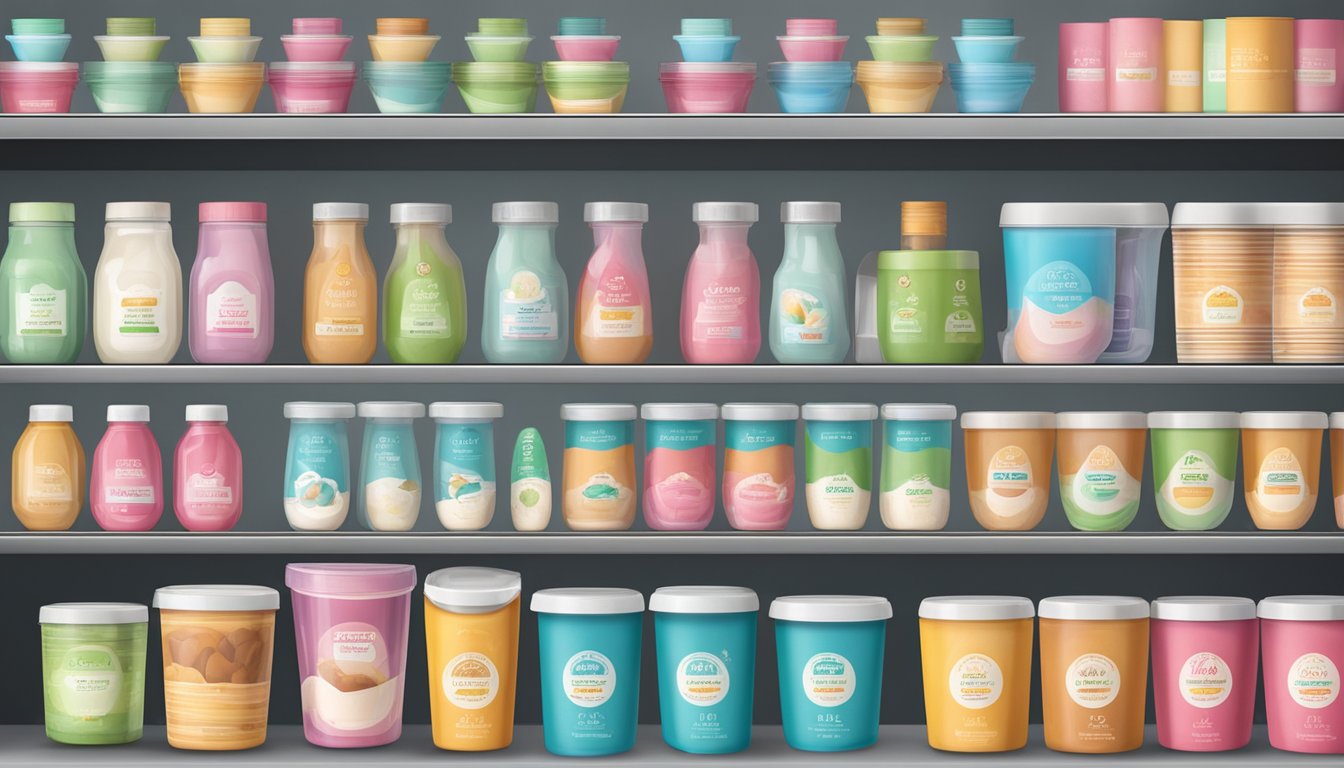 A variety of expired frosting containers with different labels, some open and partially used, others unopened and stacked on a shelf