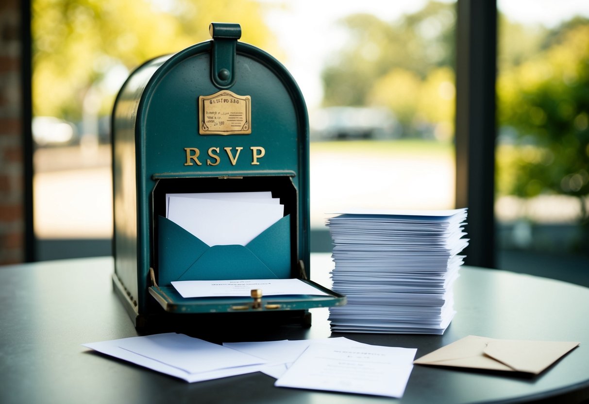 A vintage mailbox filled with envelopes and a stack of RSVP cards on a table
