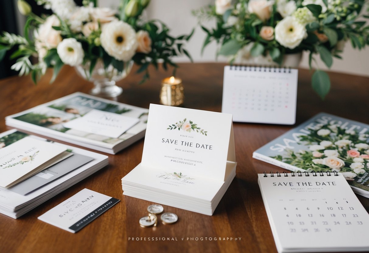 A table with a collection of elegant save-the-date cards, surrounded by wedding magazines, floral arrangements, and a calendar