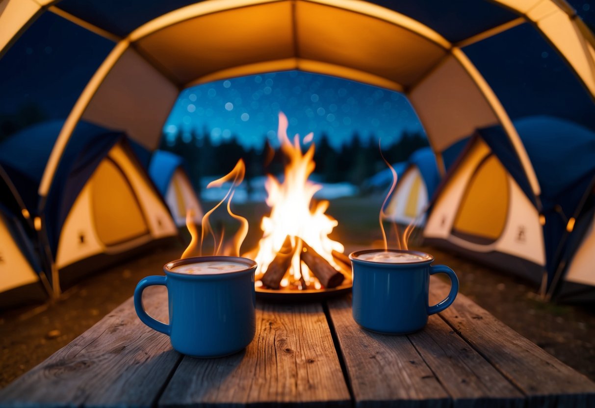 A cozy campfire surrounded by tents, with mugs of steaming hot chocolate on a rustic wooden table under a starry winter night sky