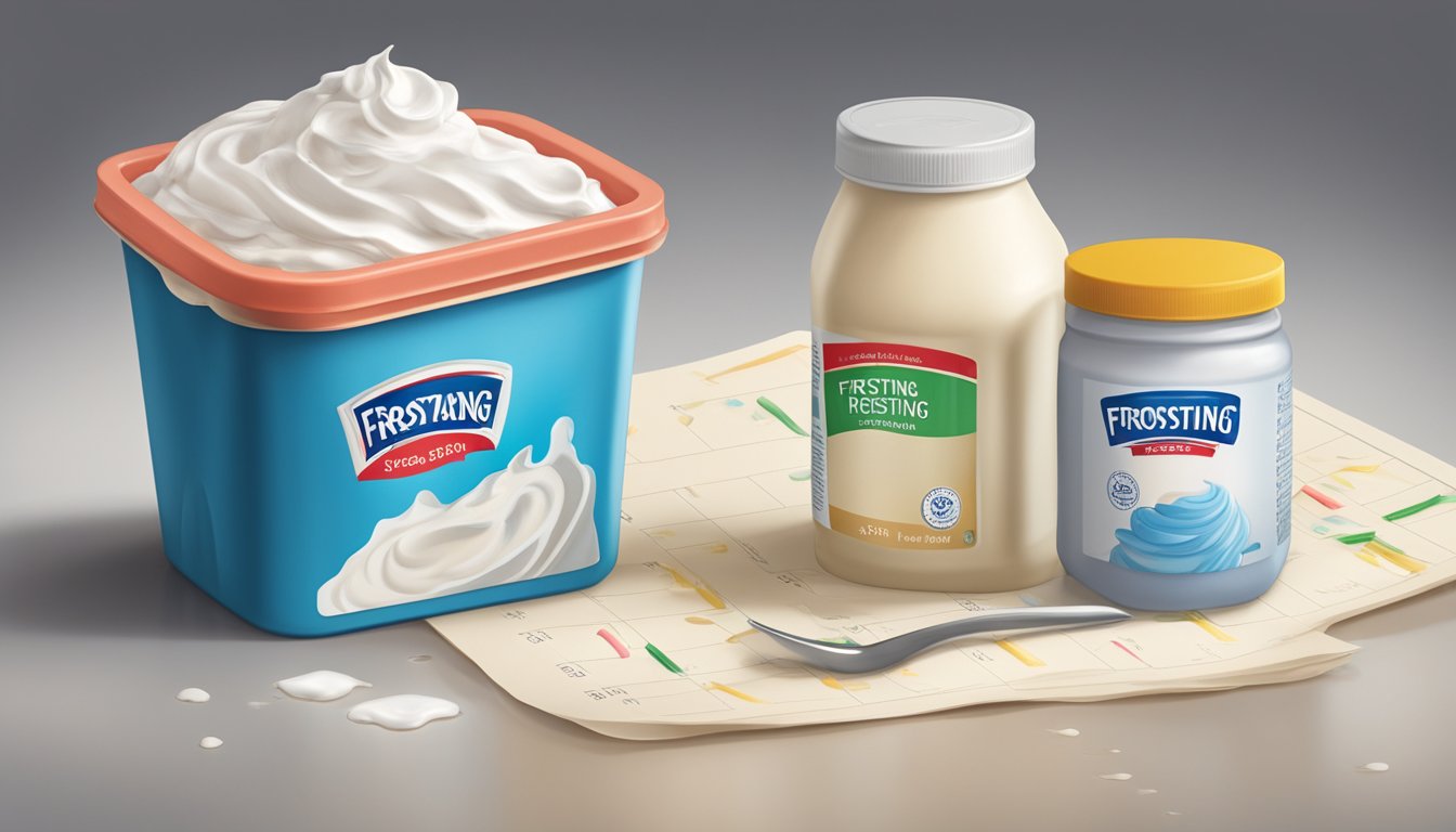 A pristine, unopened container of frosting sits next to a calendar showing the expiration date. A half-eaten, expired container of frosting is discarded in the background