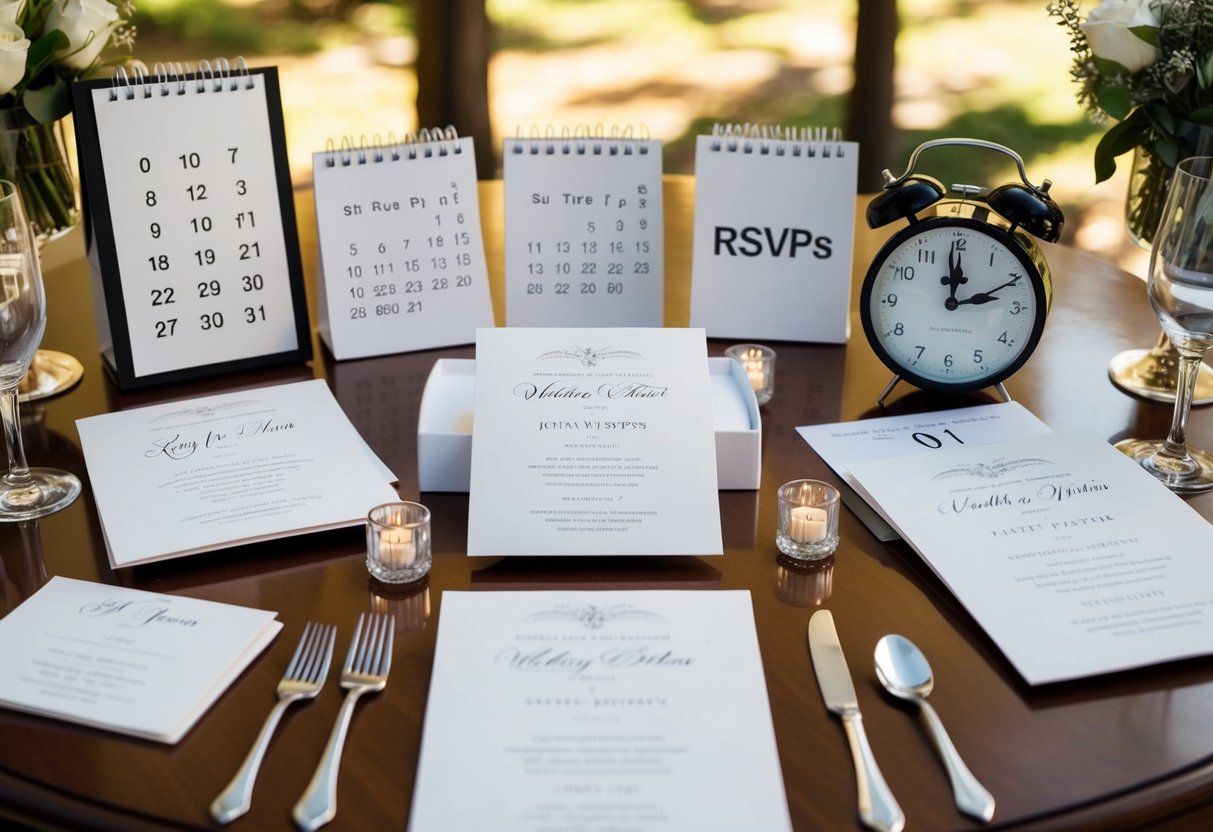 A table set with elegant wedding invitations, surrounded by a calendar and clock, indicating the deadline for RSVPs