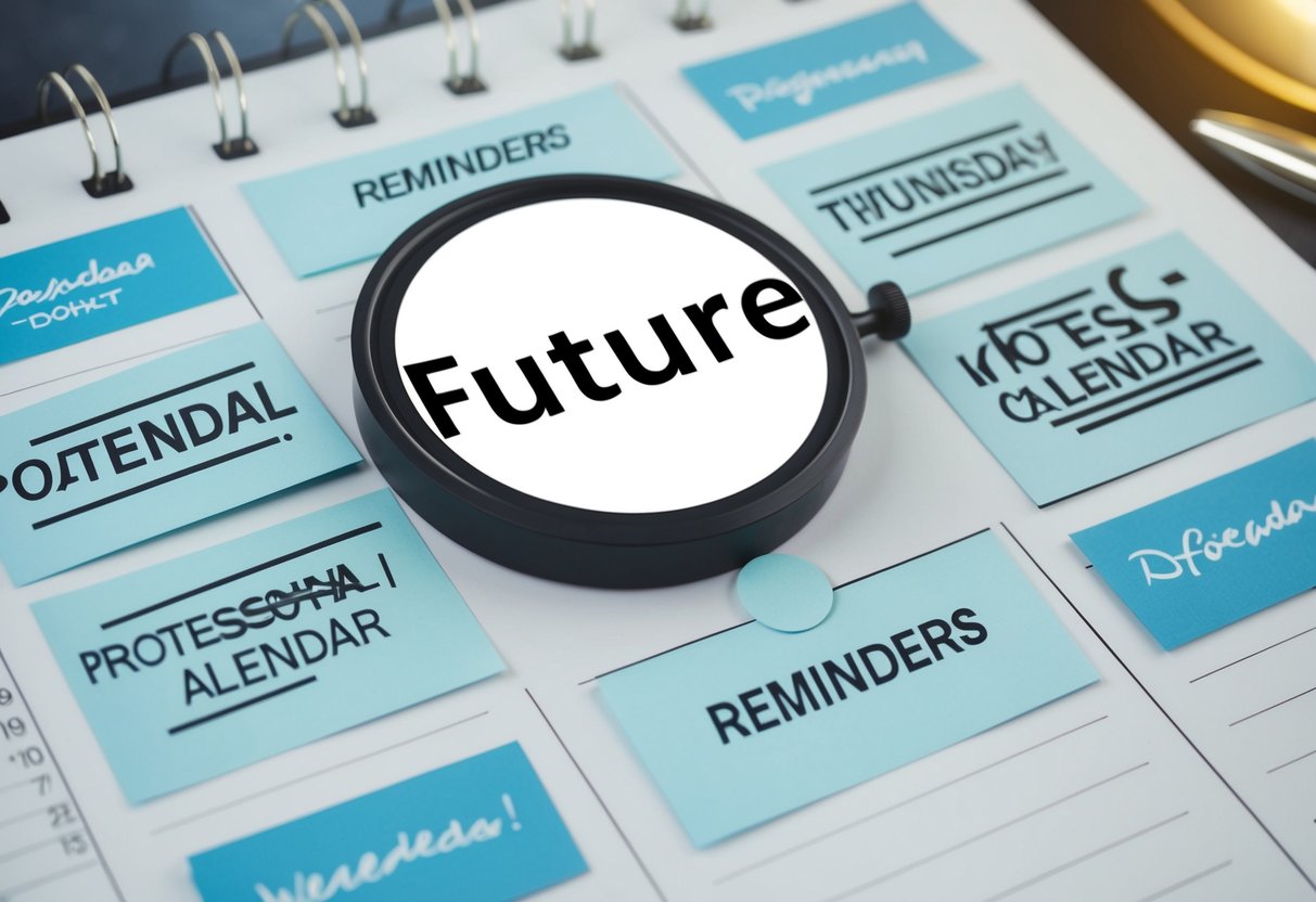 A calendar with a circle around a future date, surrounded by reminders and notes