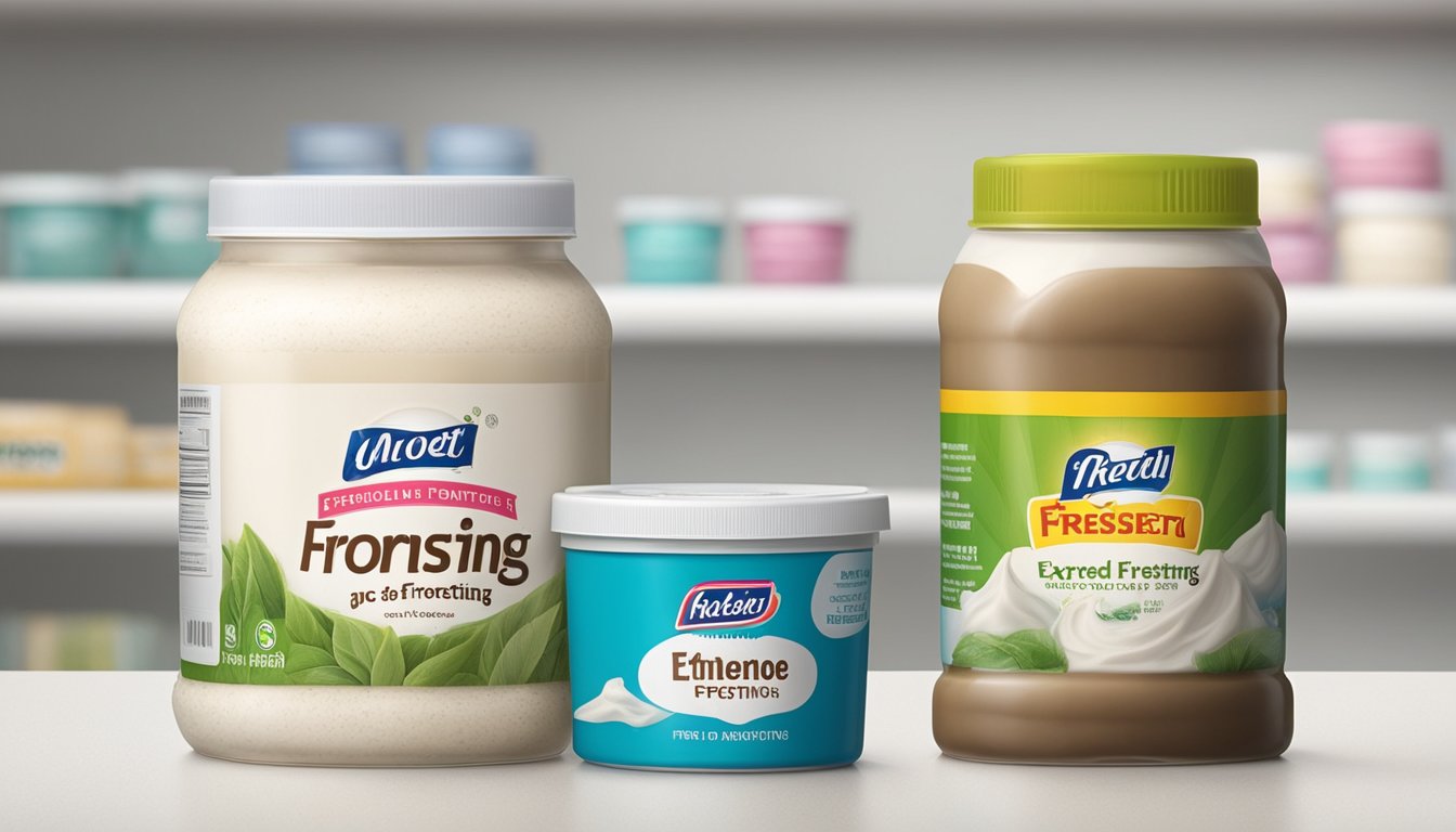 A jar of expired frosting sits on a shelf next to a container of fresh frosting. The expired frosting is covered in mold, while the fresh frosting is clean and unopened