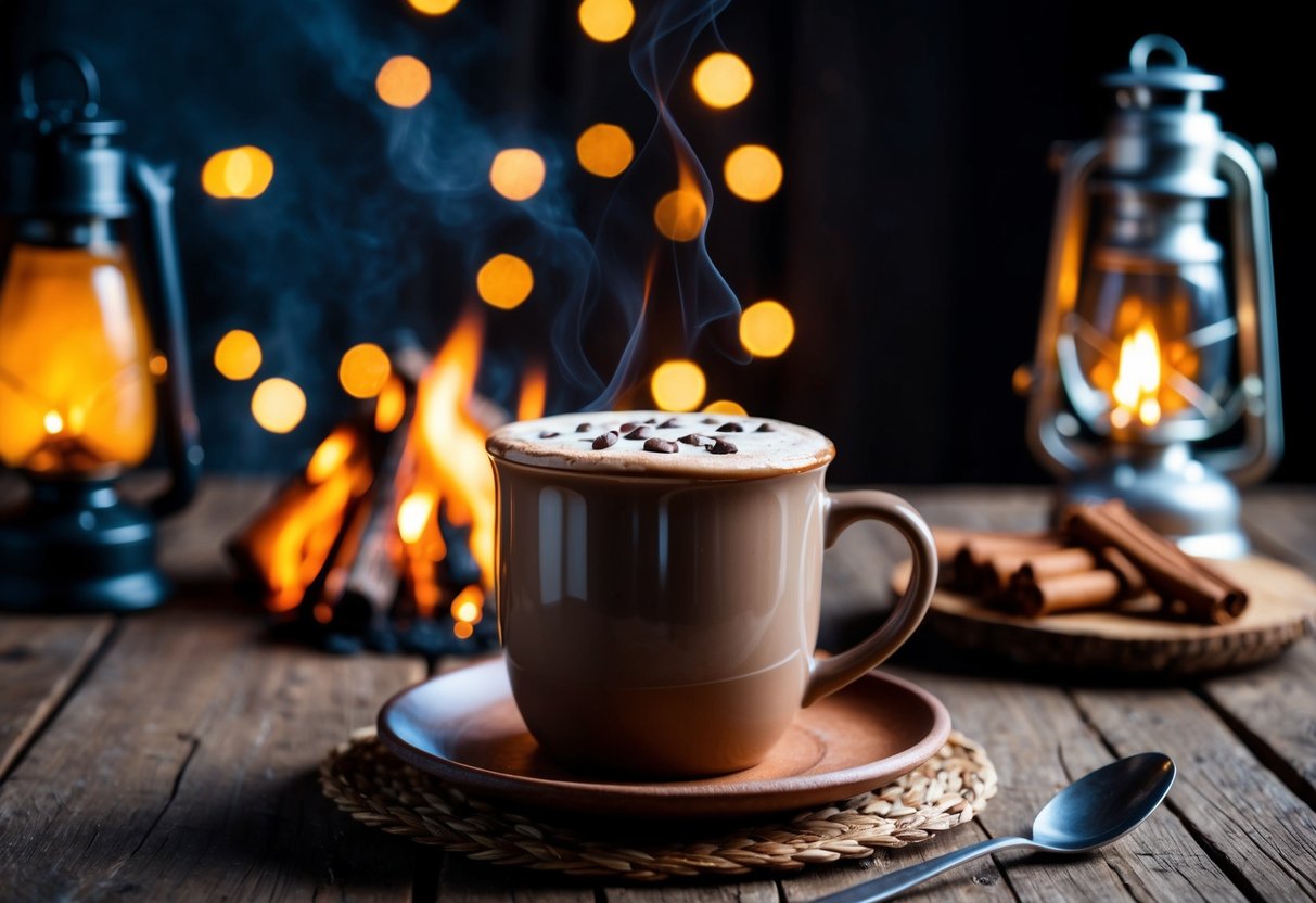 A steaming mug of hazelnut mocha hot chocolate sits on a rustic wooden table surrounded by flickering lantern light and a cozy campfire