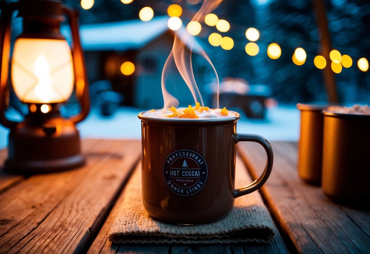 A steaming mug of hot cocoa with orange zest sits on a rustic camp table surrounded by flickering lantern light and a cozy winter camping scene