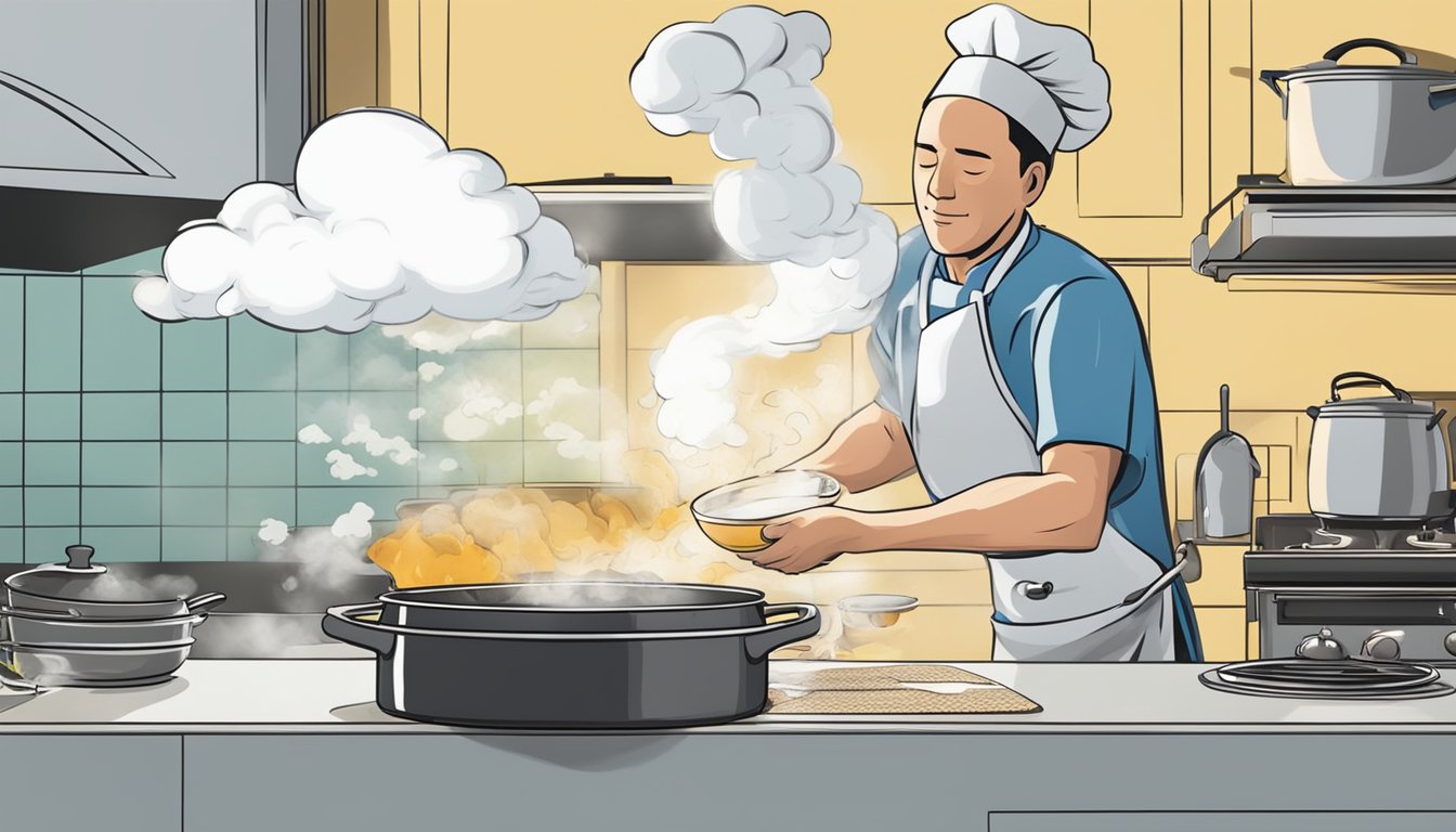 A chef pours expired fish stock into a pot, while a cloud of steam rises from the simmering broth on a stovetop