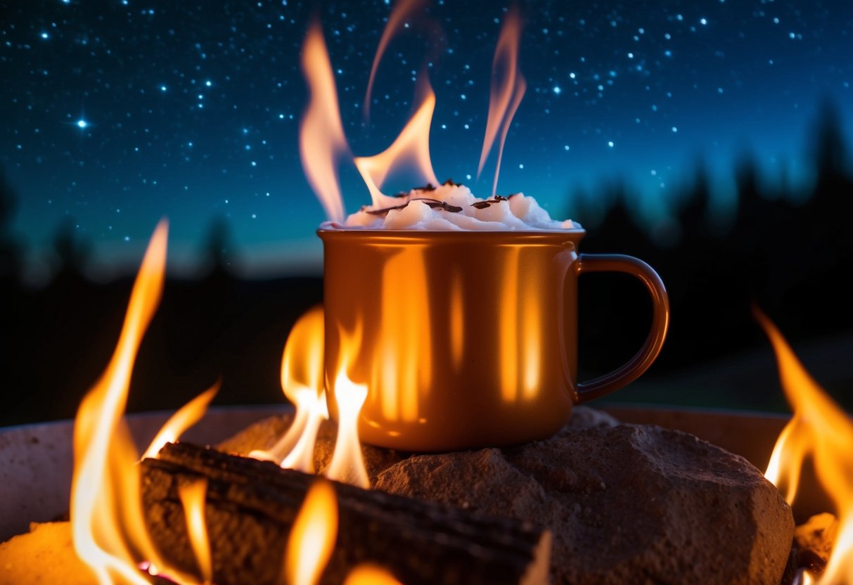 A cozy campfire scene with a steaming mug of coconut milk hot cocoa surrounded by flickering flames and starry night sky