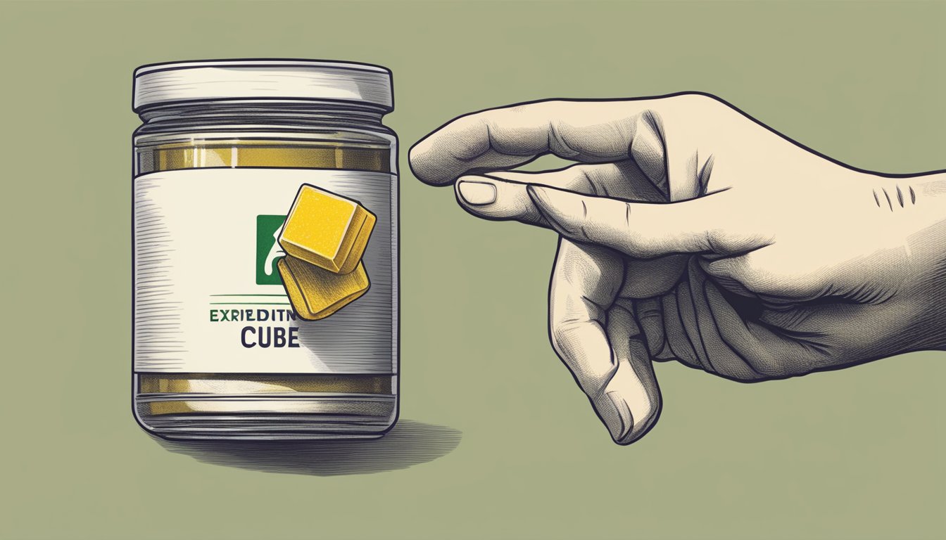 A hand reaching for an expired bouillon cube, with a questioning expression