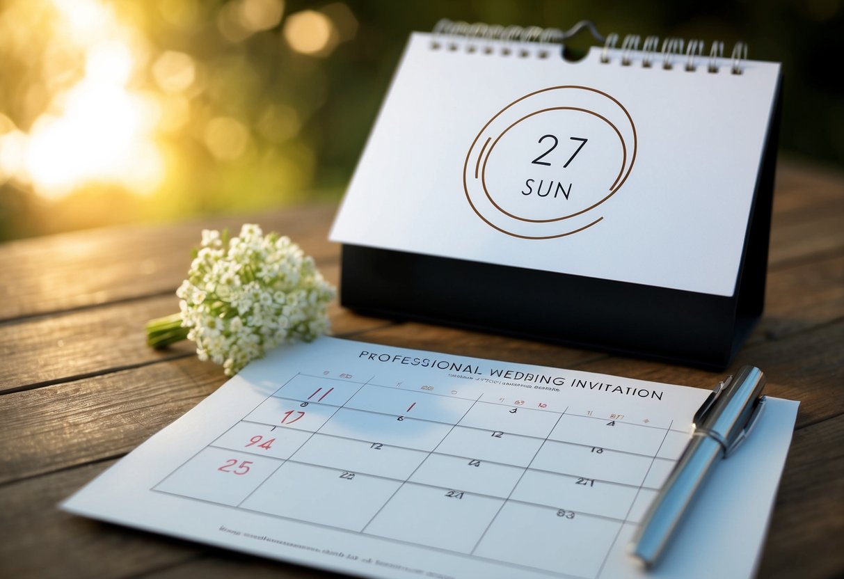 A calendar with a circled date and a wedding invitation being sent out