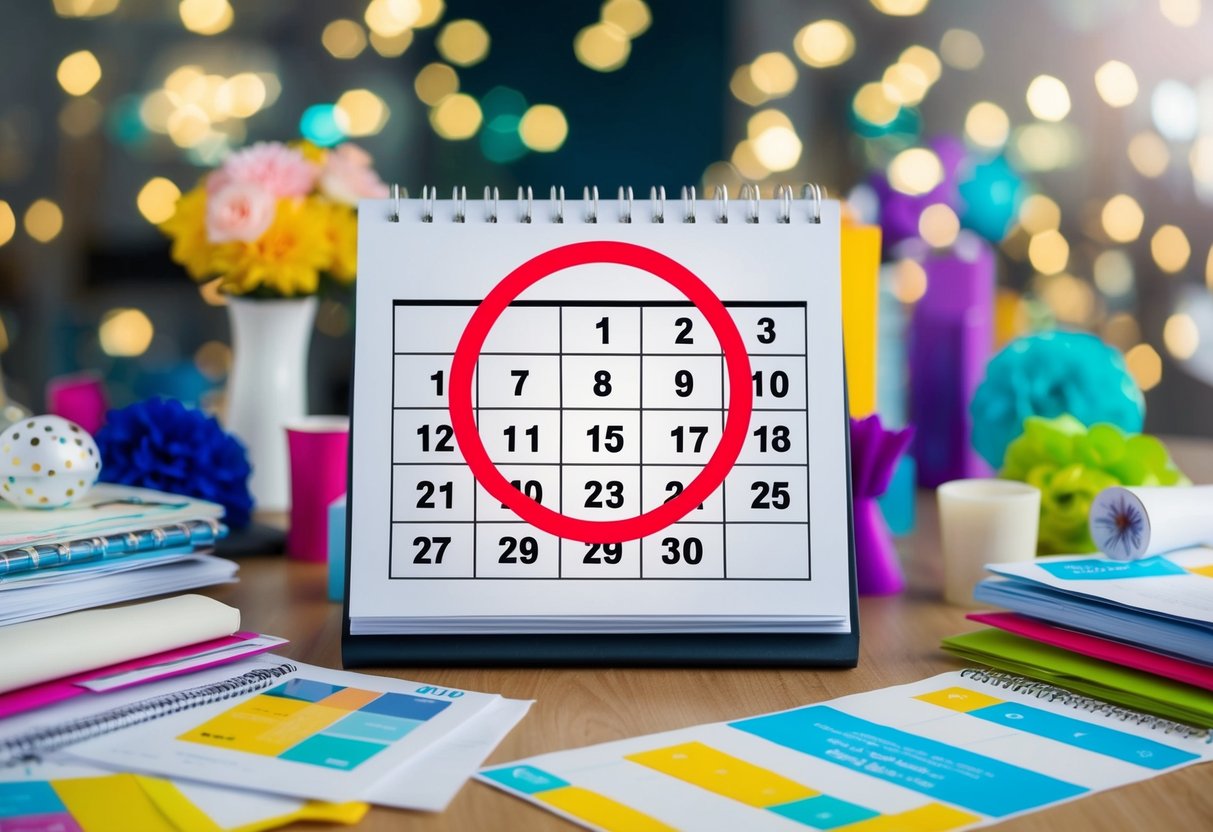 A calendar with a date circled in red, surrounded by various event planning materials and decorations