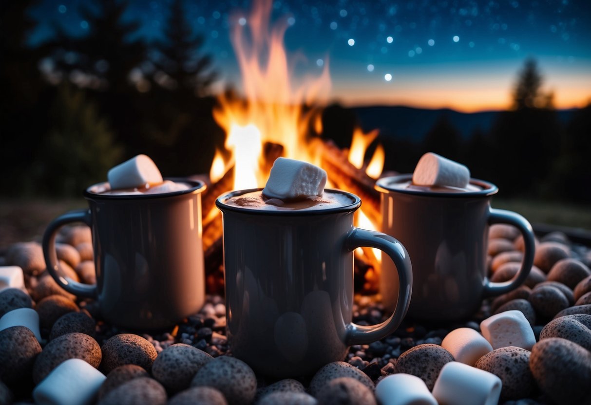 A cozy campfire surrounded by mugs of steaming hot chocolate, with marshmallows melting on top and a starry night sky overhead