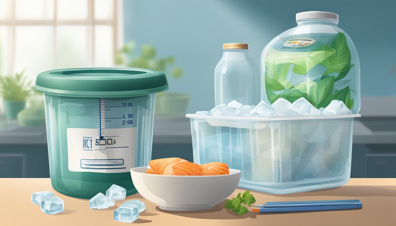 A fish stock container with an expiration date visible. A thermometer and a bowl of ice next to it