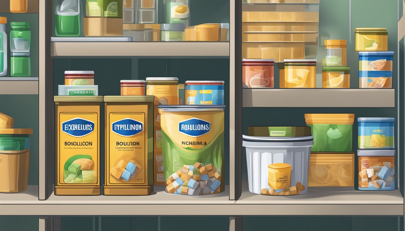 A pantry shelf with expired bouillon cubes next to a trash can