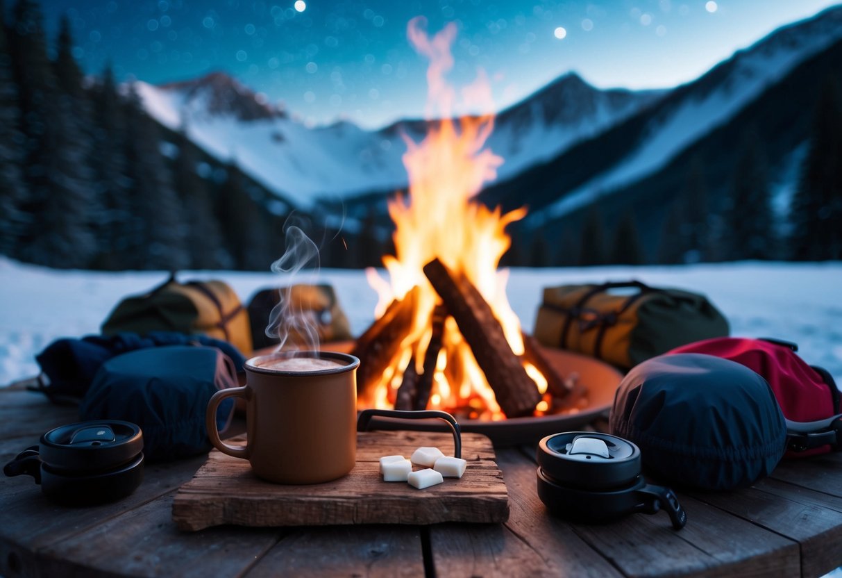 A cozy campfire surrounded by camping gear, with a steaming mug of hot chocolate on a rustic table, set against a backdrop of snowy mountains and twinkling stars