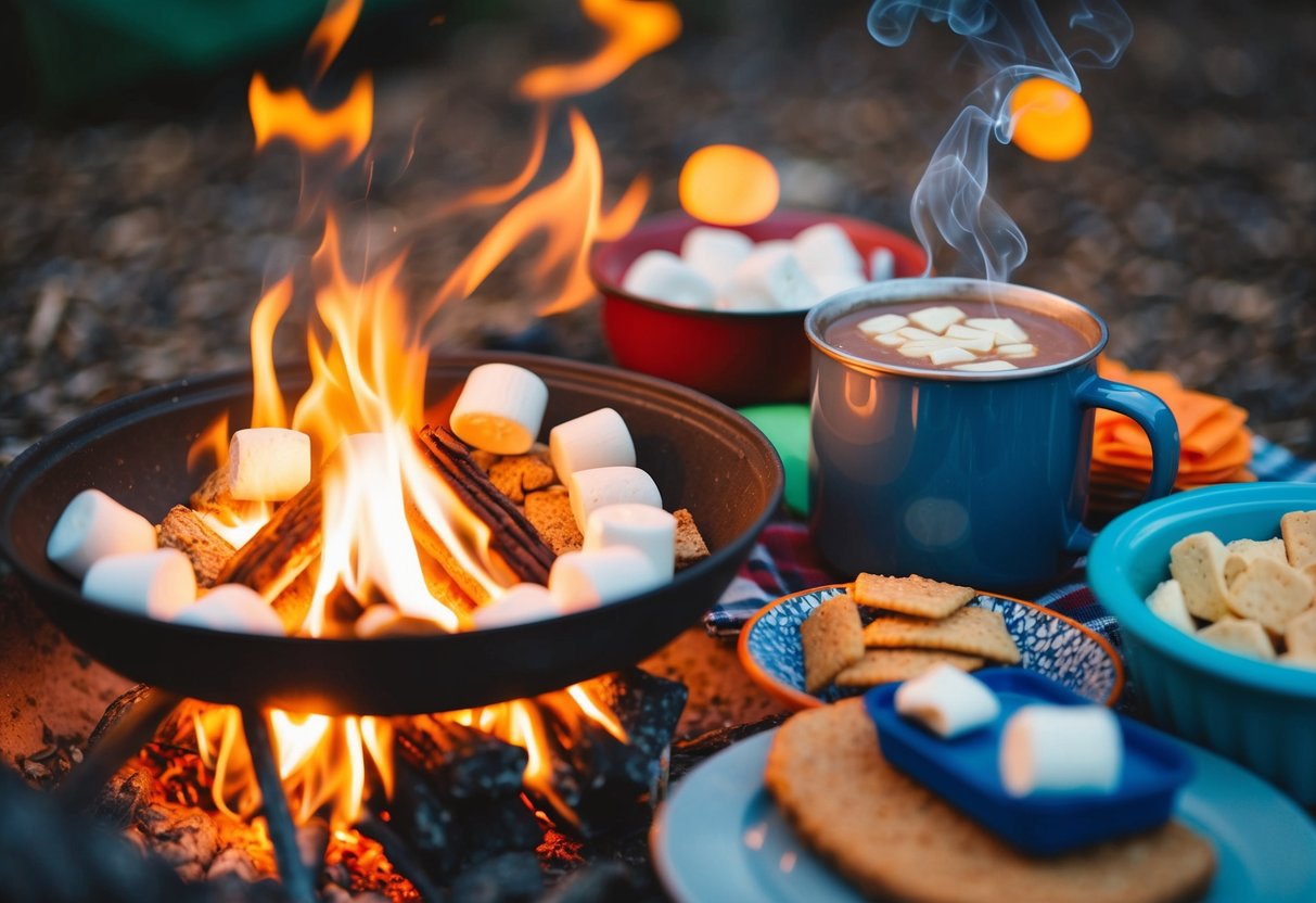 A cozy campfire with marshmallows roasting and a steaming mug of hot chocolate surrounded by various camping snacks
