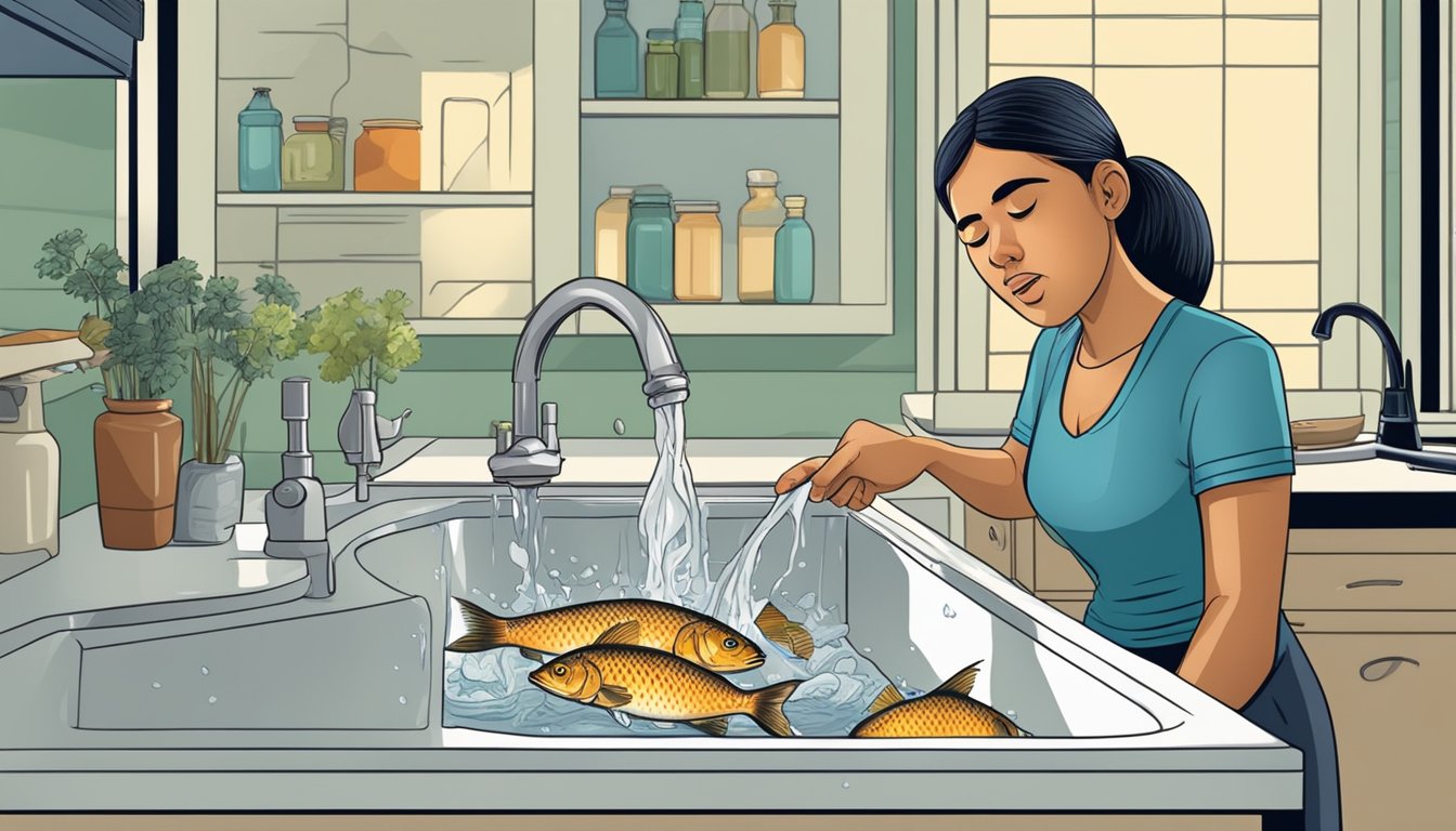 A person pouring expired fish stock down the sink with a disgusted expression on their face