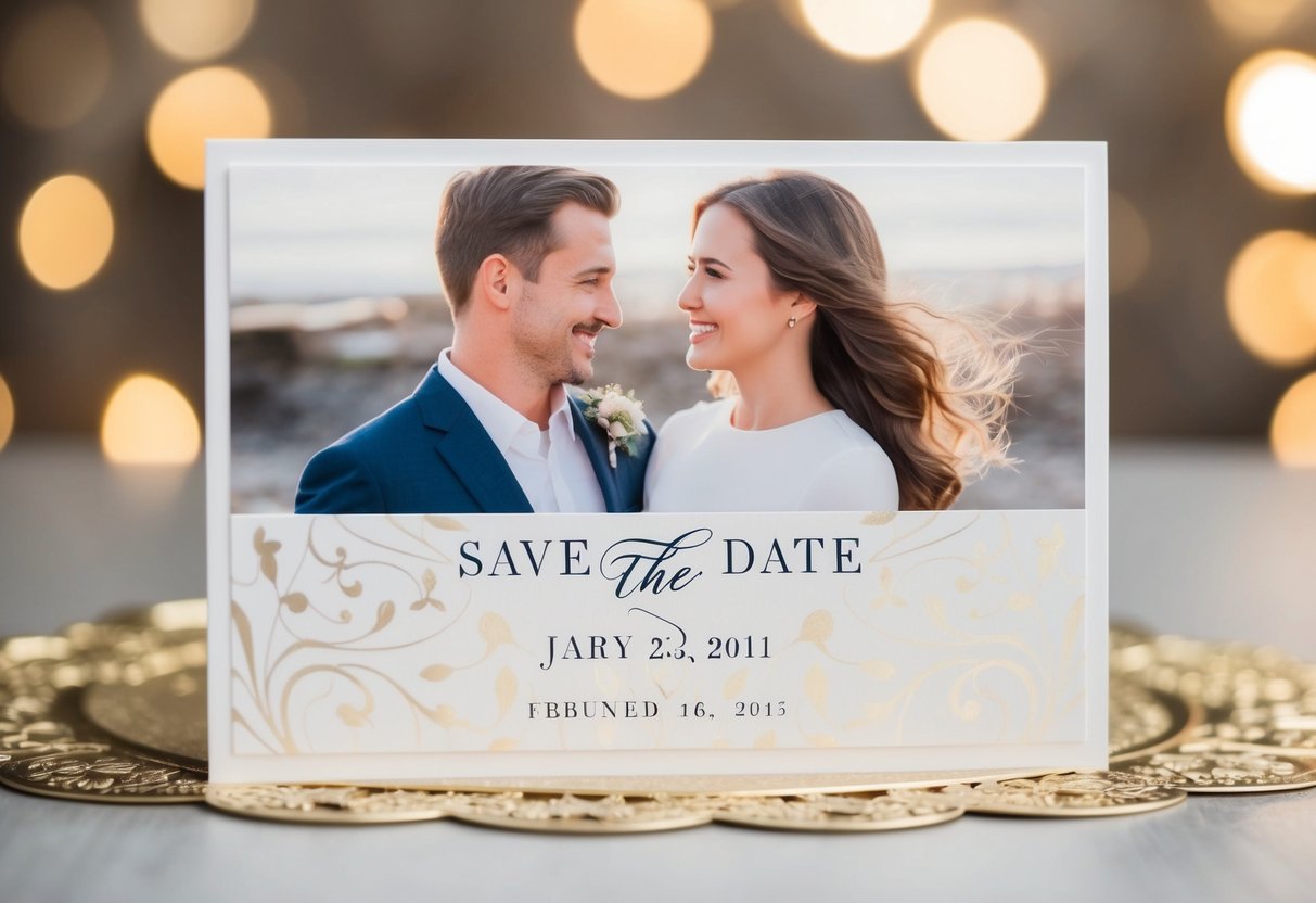 A save the date card with two names and a date on a decorative background