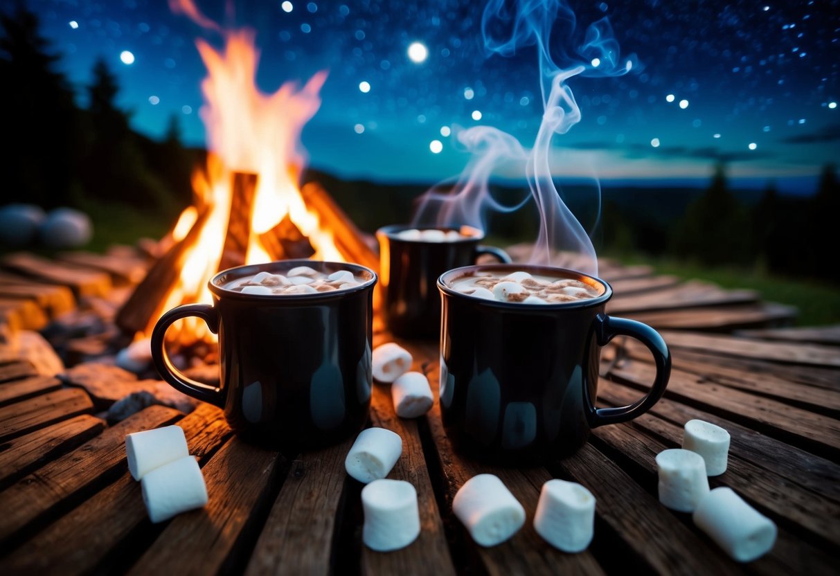 A cozy campfire surrounded by mugs of steaming hot chocolate, with marshmallows and a starry night sky overhead