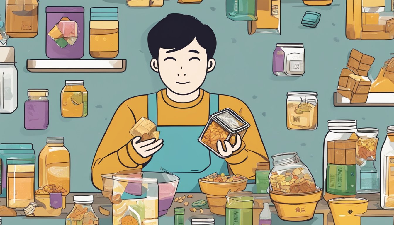 A person holding a bouillon cube, surrounded by various expired and unexpired food items