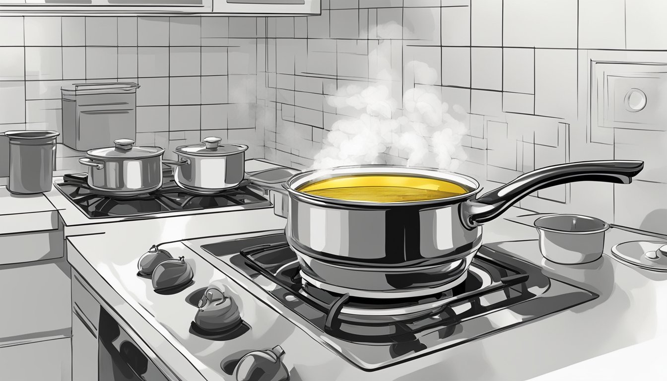 A pot on a stove with steam rising, a hand dropping an expired bouillon cube into the pot