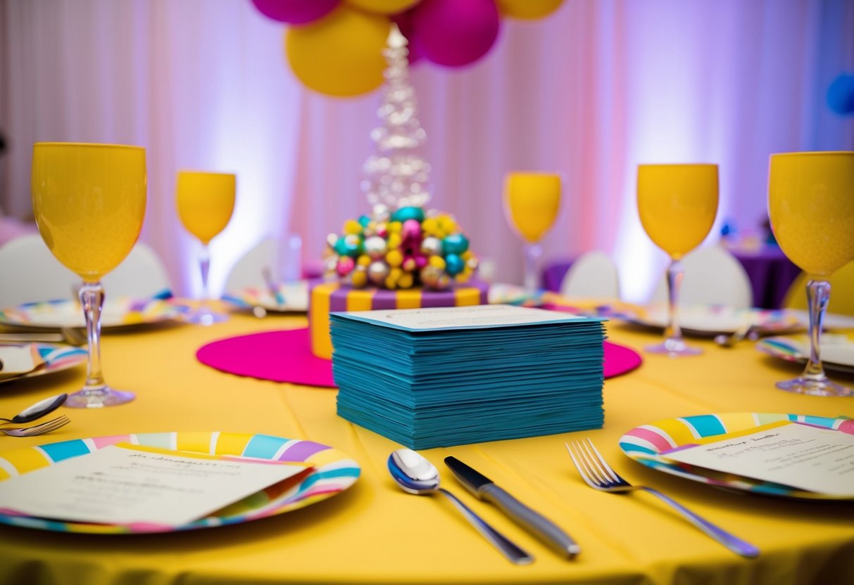 A table set for a party with a stack of invitations and a pen, surrounded by colorful decorations and an elegant centerpiece
