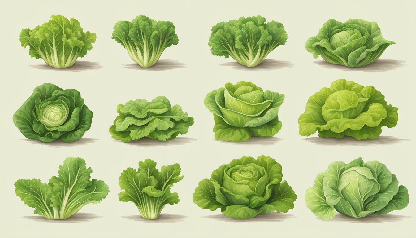 A variety of lettuce heads at different stages of maturity, ranging from young and small to fully grown and ready to harvest, displayed in a garden or field setting