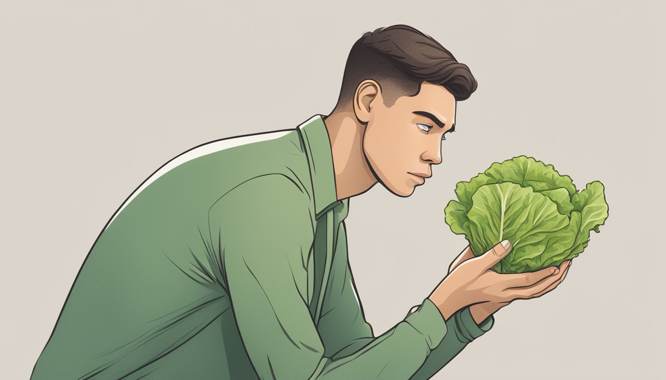 A person holding a piece of unripe lettuce, looking concerned and hesitant to eat it. The lettuce appears pale and underdeveloped