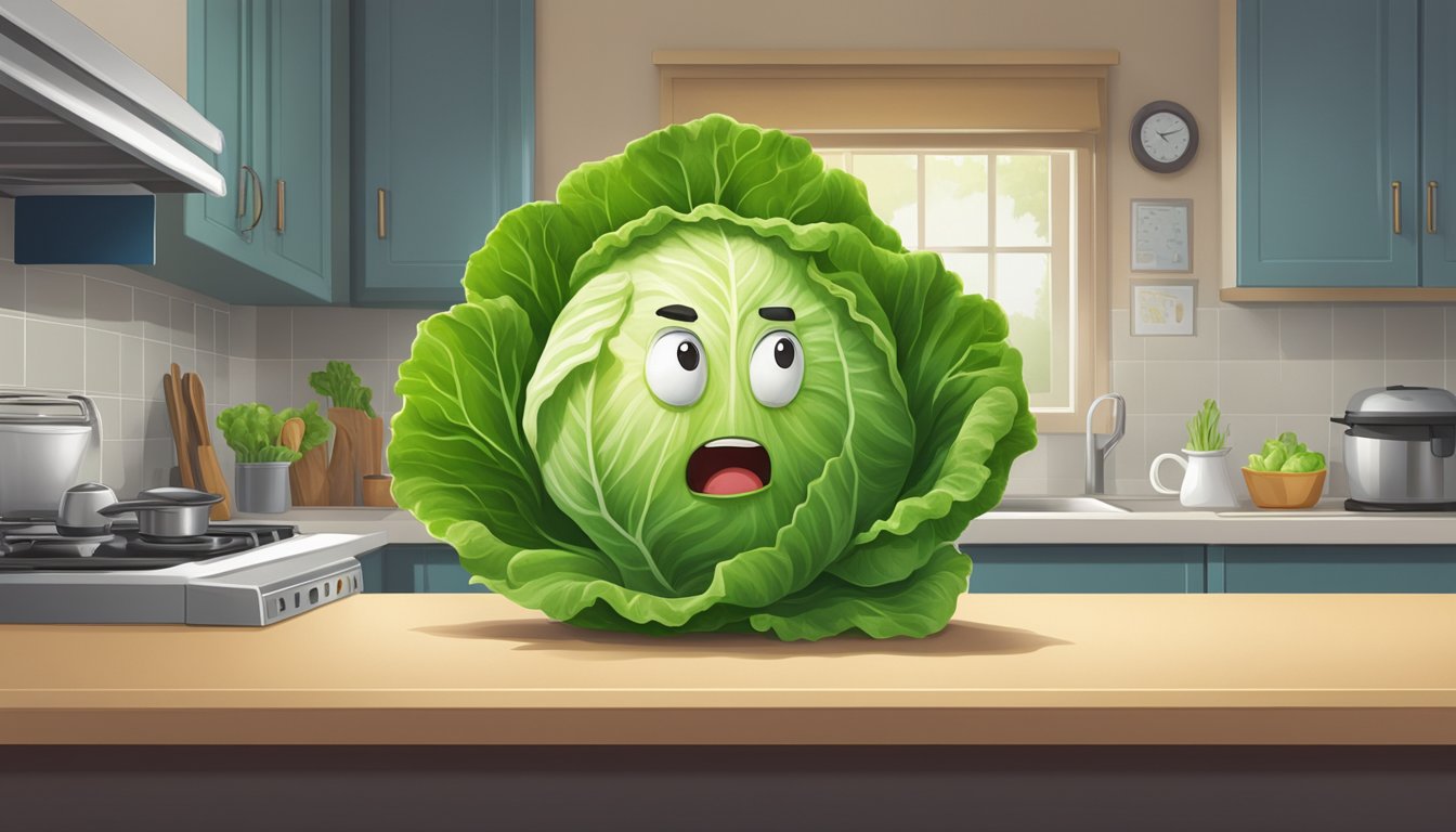 A head of unripe lettuce sits on a kitchen counter, with a concerned expression on its face and a caution sign next to it