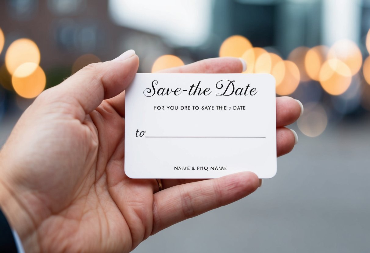 A hand holding a save-the-date card with a blank space for a full name