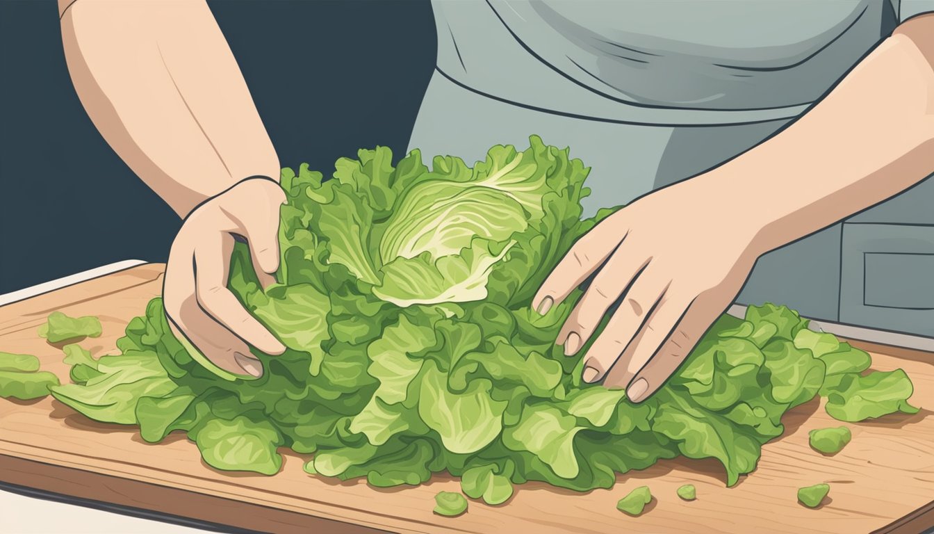 Fresh lettuce being washed and dried, then carefully chopped on a clean cutting board