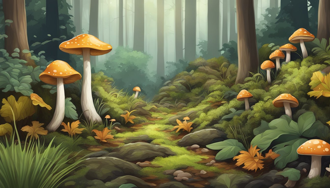 A lush forest floor with various mushrooms, including cordyceps, growing among fallen leaves and moss