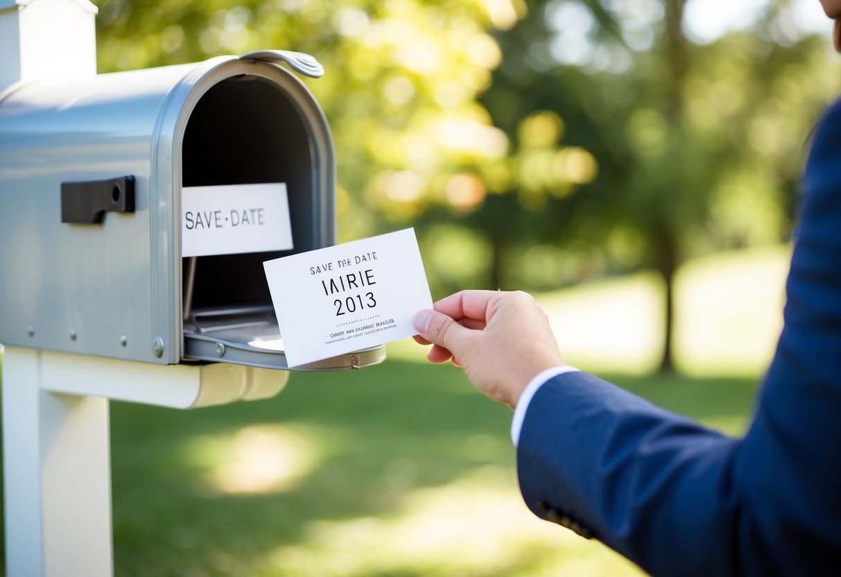 A hand placing a save-the-date card into a mailbox