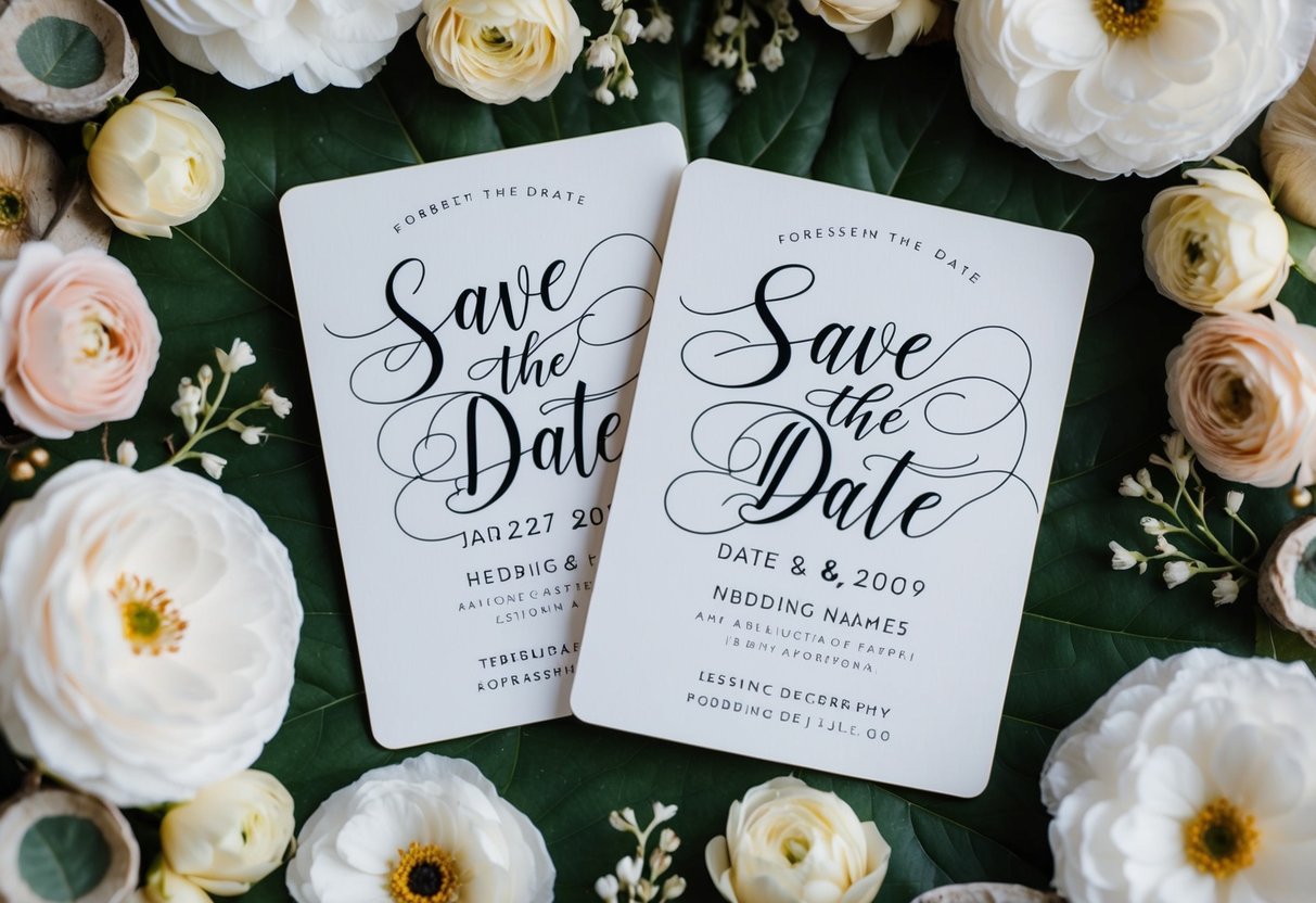 A pair of elegant save the date cards with full names and wedding date displayed in beautiful calligraphy, surrounded by floral and decorative elements