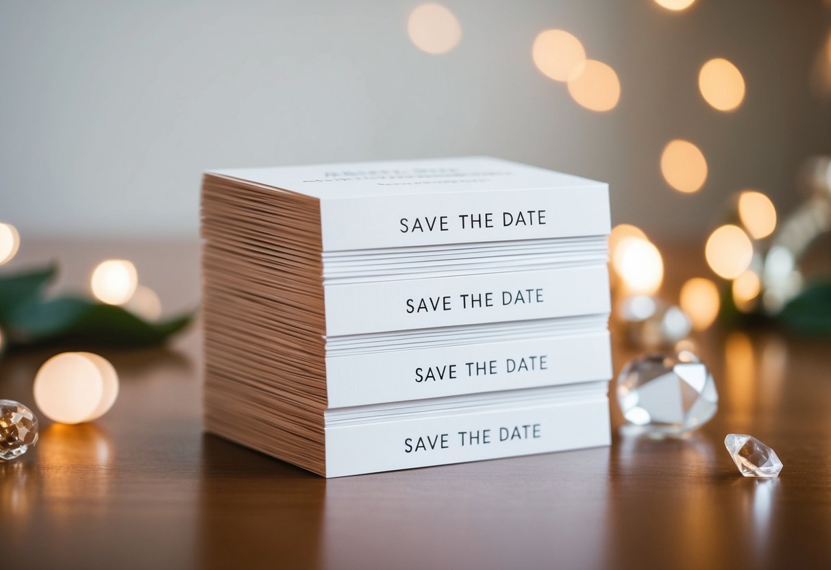 A stack of elegant save the date cards with proper titles displayed prominently
