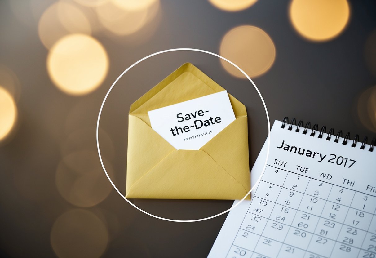 A calendar with a circle around the date and an envelope with a save-the-date card inside