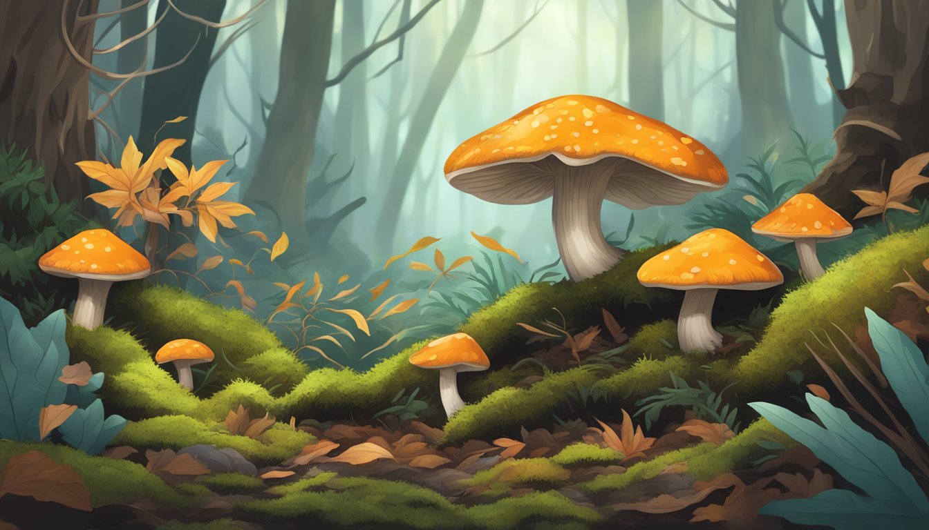 A serene forest floor with vibrant cordyceps mushrooms growing among fallen leaves and moss